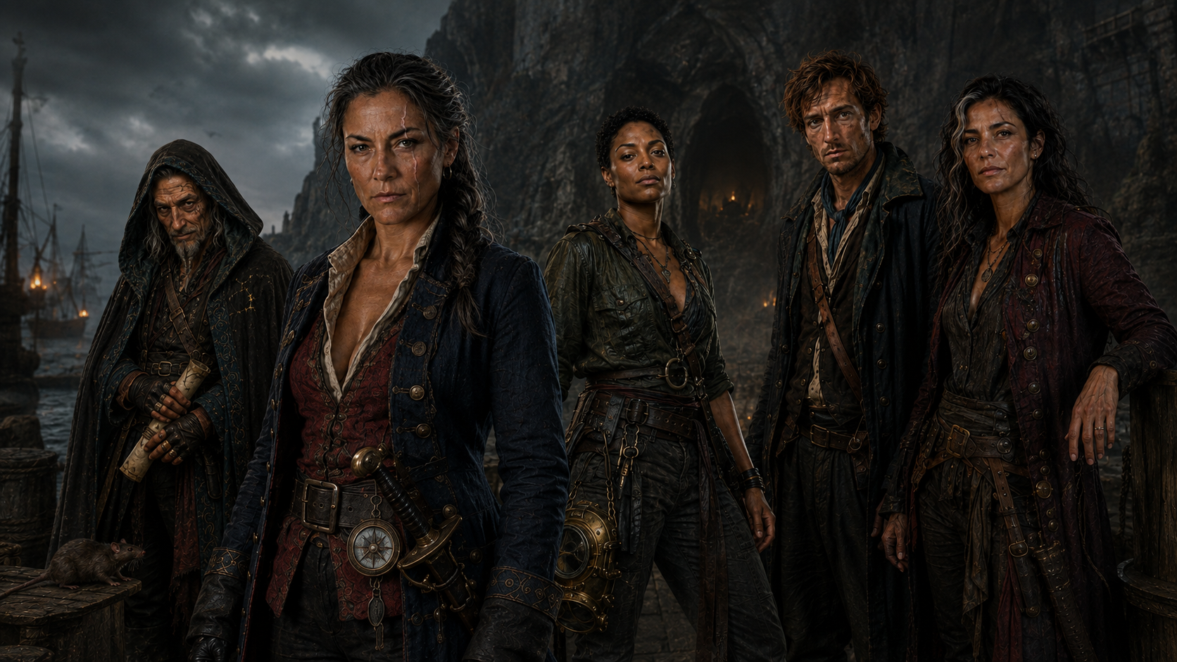 Characters from The Black Reef gathered on a dark coast