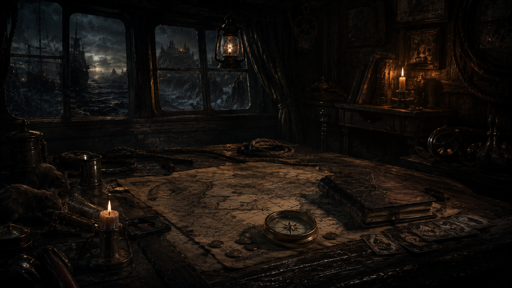 A weathered map, compass, cards, and lantern inside the Captain's cabin