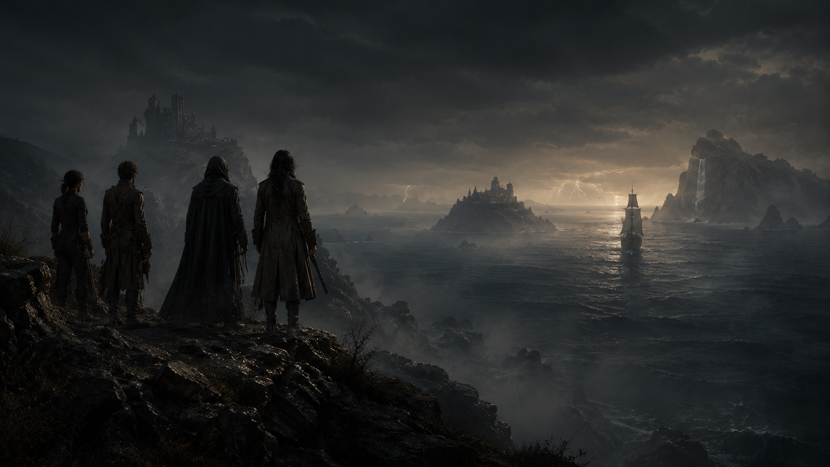 Figures looking across a dark sea toward distant islands and a sailing ship