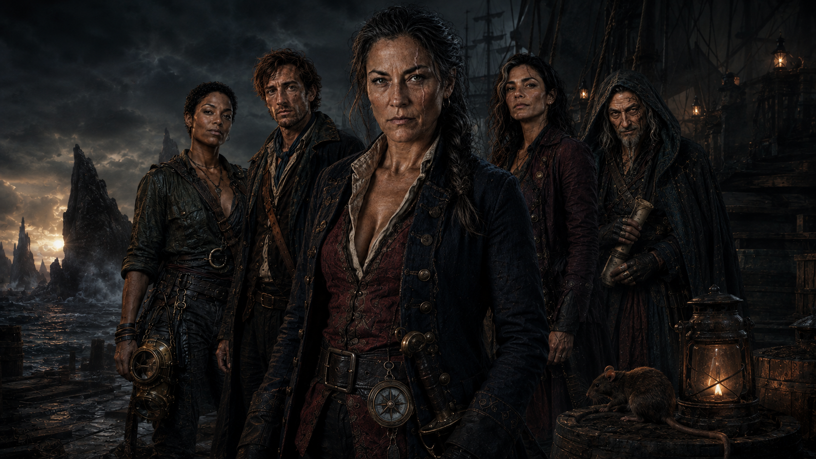 The crew of The Black Reef standing on a storm-darkened dock